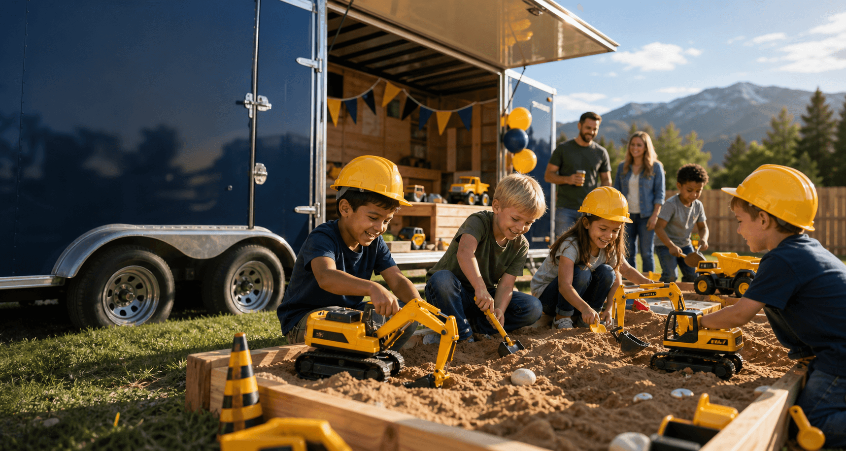 Kids enjoying construction play with excavator toys in a large sandbox beside the party trailer